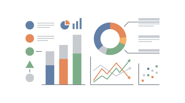 A comprehensive collection of data visualization elements including bar charts, pie charts, line graphs, and scatter plots, illustrating various statistical data.