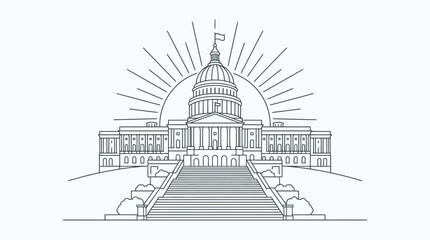 Fototapeta premium Line art illustration of a majestic government building with a dome, columns, and grand steps, featuring radiating lines behind the dome.