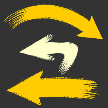 Set of yellow and cream curved arrows grunge spray paint brush stroke clip art on dark background. Aerosol ink pointer collection isolated element for graphic design.