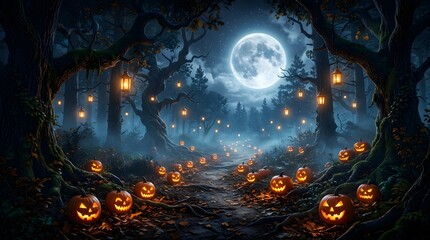 Fototapeta premium Mysterious enchanted forest path with glowing Halloween pumpkins and lanterns under a bright full moon at night