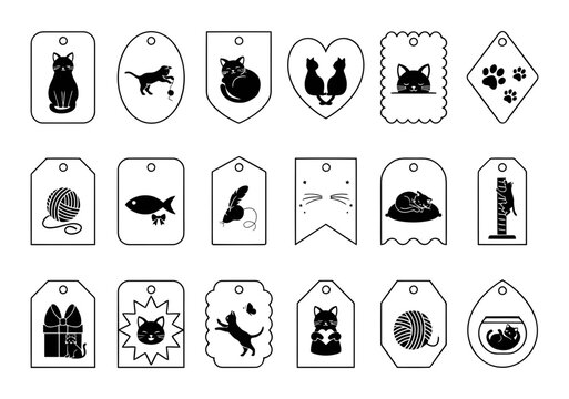 Black And White Cat Gift Tags Various Shapes And Designs Transparent Background
