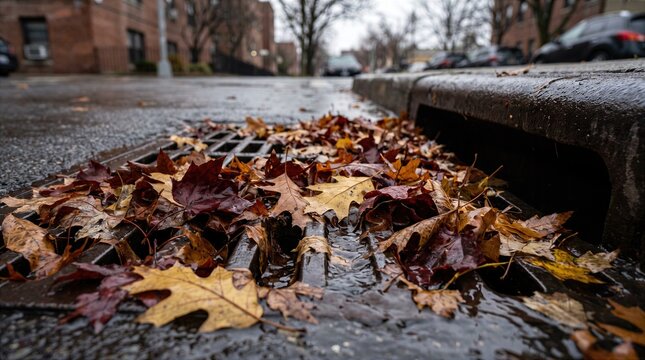 Wet autumn leaves blocking city storm drain