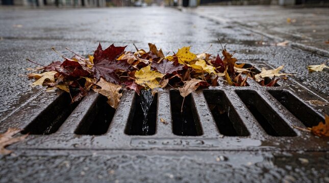 Autumn leaves clogging wet street drain