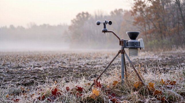 Frosty weather station in harvested autumn field