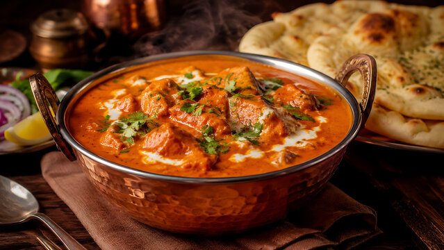 Butter chicken curry served in a traditional copper bowl, creamy orange tomato gravy, tender chicken pieces, fresh coriander garnish, naan bread on the side