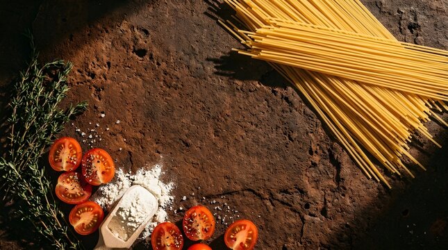 Gourmet Italian cooking background with fanned spaghetti pile and organic tomatoes
