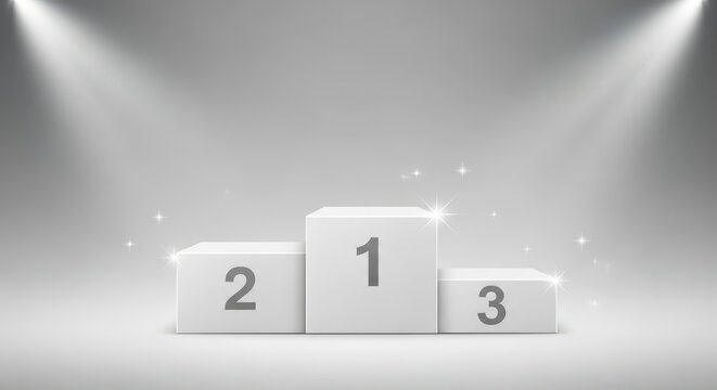 Three tiered winners podium with numbers one two and three under bright stage spotlight effects