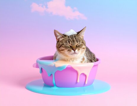a cat sitting in a cup with a cloud in the background