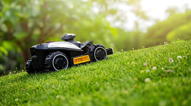 Autonomous Robotic Lawnmower Trimming Green Grass on Lawn Slope | Modern Smart Robotic Lawn Mower Operating on Sunny Garden Hill | Close Up of Automatic Robot Lawnmower Mowing Lawn Grass 