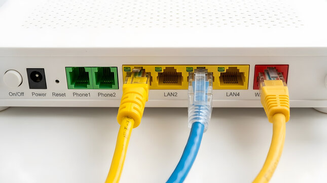 Close Up of Ethernet Cables Plugged into Rear Ports of Wi-Fi Router |Yellow and Blue Network LAN Cables Connected to White Broadband Modem |Rear View of Internet Router with Connected Ethernet Network