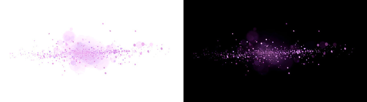 Shimmering purple particle dust stream drifting horizontally with soft glowing bokeh across a black backdrop for cinematic use in PNG, Transparent and Black Background Versions