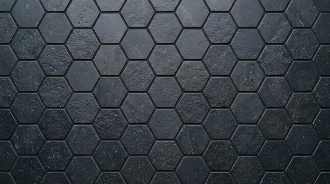 dark black honeycomb tile background featuring a modern geometric hexagonal pattern with rough stone texture and dark metallic tones for contemporary design