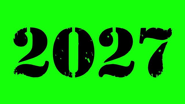 black fill hand drawn 2027 year animation with line boil effect on green chroma key background. Perfect for futuristic countdowns, intros, and corporate video editing projects