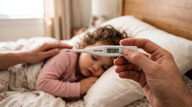 Parent checking sick toddler's fever with digital thermometer on forehead for pediatric health articles, fever care blogs, and parenting safety