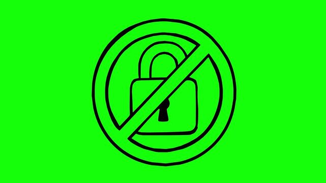 hand drawn style black fill prohibition symbol with a locked padlock on a green screen background featuring a line boil animation effect for cybersecurity concepts
