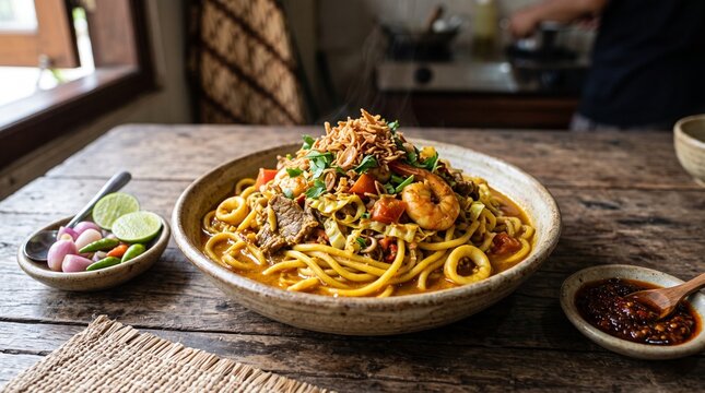 Authentic Acehnese Mie Aceh with Spicy Curry and Seafood