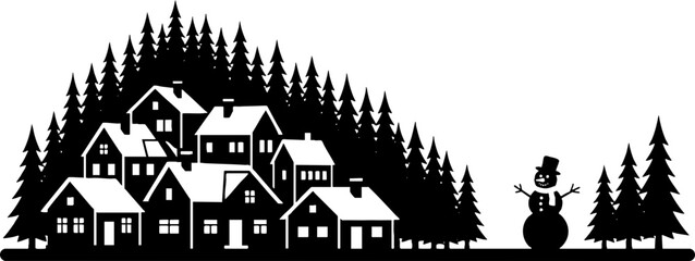 Naklejka premium Winter Village Silhouette with Snowman and Pine Forest