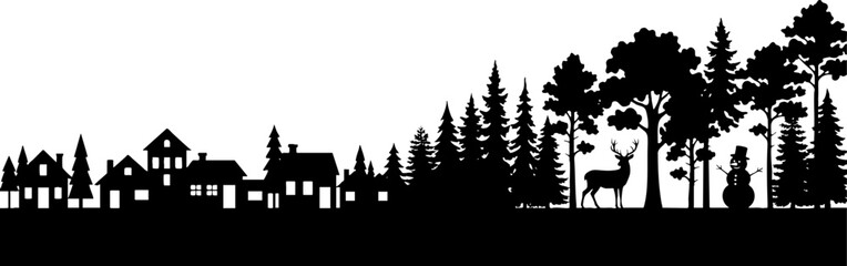 Obraz premium Winter Village and Forest Silhouette with Deer and Snowman