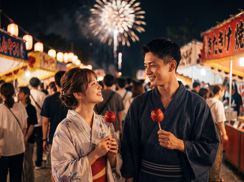 打ち上げ花火を背景に夏祭りでりんご飴を持ち見つめ合う浴衣のカップル