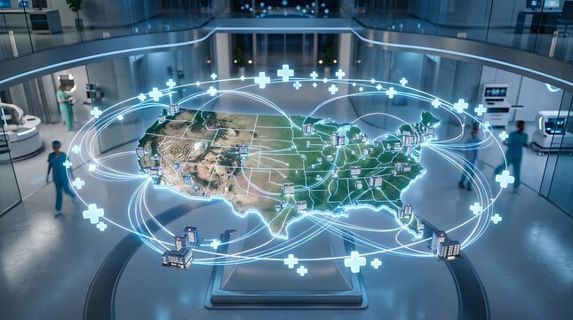 Digital map of the united states with network connections