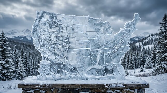 United states map made of ice sculpture in winter landscape