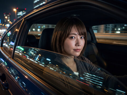夜の都会でドライブ中に車の窓から笑顔で振り返る若い女性