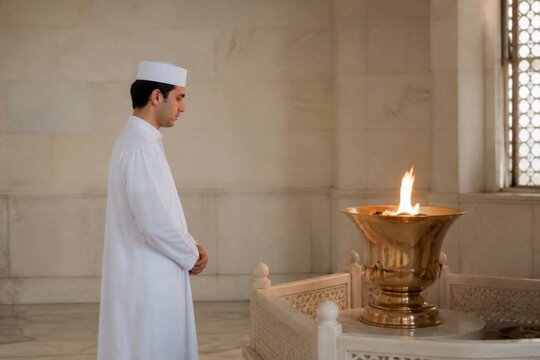 Man in white robe standing beside a sacred fire in a Zoroastrian temple. Religious worship, spiritual tradition, ancient faith and cultural heritage concept with copy space.