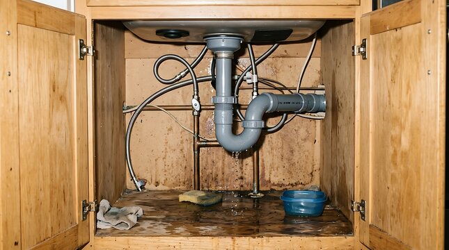 Kitchen sink plumbing pipes under wooden cabinet