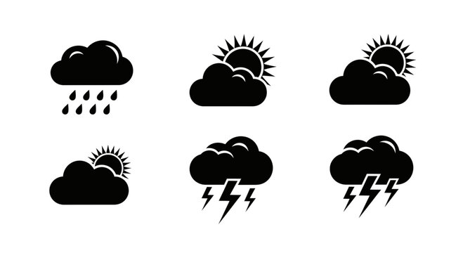 Weather forecast icons with sun clouds rain with six black weather icons white background meteorology conditions lightning symbols graphic with design