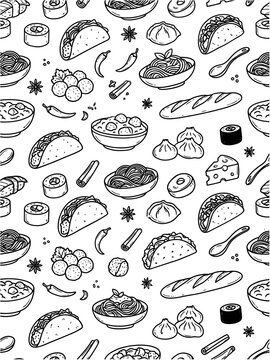 Doodle food pattern background with tacos noodles dumplings bread cheese and various spice elements.