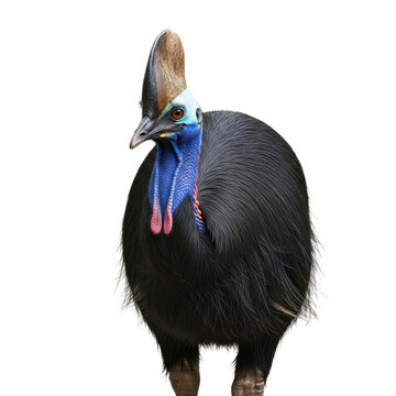 Cassowary flightless bird with a vibrant blue neck and black plumage showing its powerful legs and helmet.