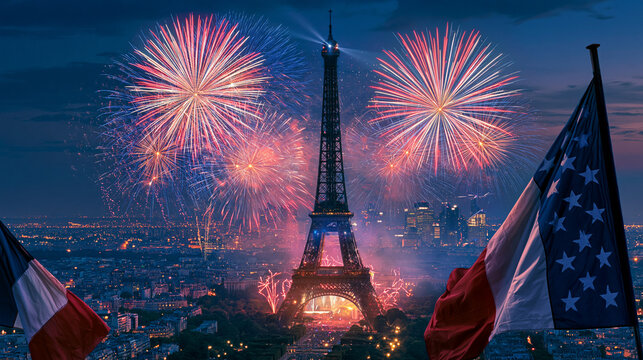 Bastille Day celebration with fireworks over Eiffel Tower in Paris
