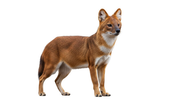 Dhole Asiatic wild dog standing and looking alert against a dark background for wildlife conservation themes.