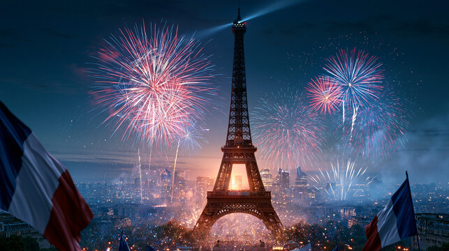 Bastille Day celebration with fireworks over Eiffel Tower in Paris
