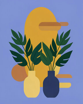 A flat, minimalist vector illustration featuring two simple vases positioned at the bottom center of the frame
