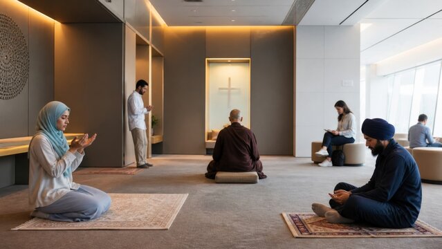 Diverse worshippers praying in a modern interfaith prayer room. Muslim woman and Sikh man practicing devotion alongside other