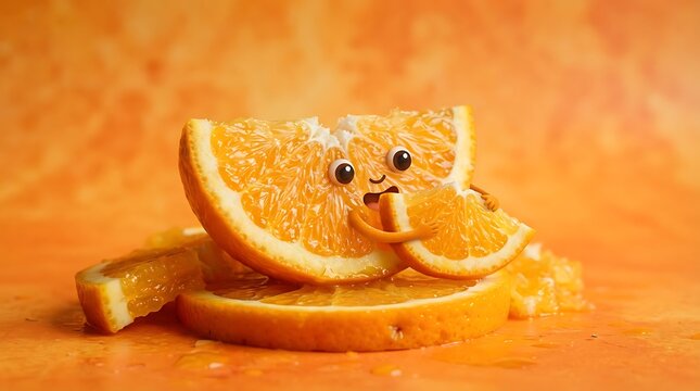 A cute orange fruit slice character with googly eyes and arms holding a smaller orange slice resting on other orange slices and juice