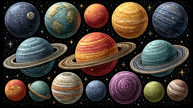 Collection of hand drawn planets with rings against a starry black background