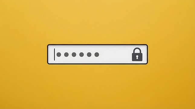 A digital password input field with a lock on a solid yellow background, representing cybersecurity, data protection, and user login