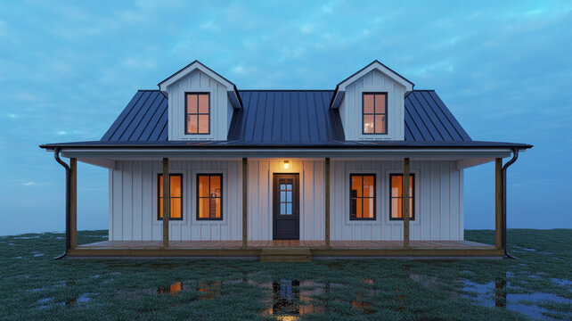 Modern farmhouse exterior with dormer windows and warm lighting
