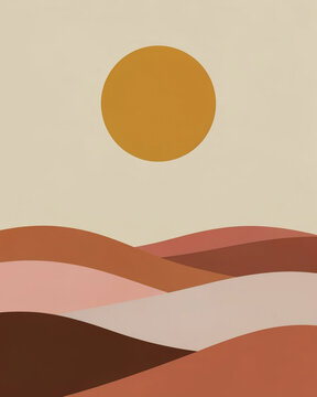 A minimalist, mid-century modern digital illustration featuring a stylized landscape at sunset