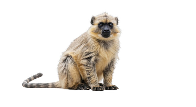 Langur monkey with light fur and a long tail sitting on a dark background for primate wildlife studies.