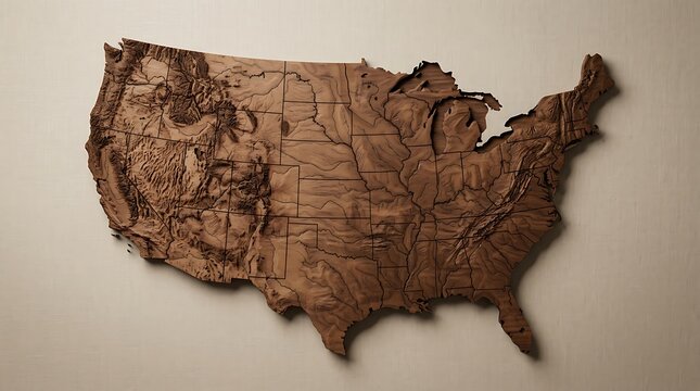 Wooden map of the united states with state borders