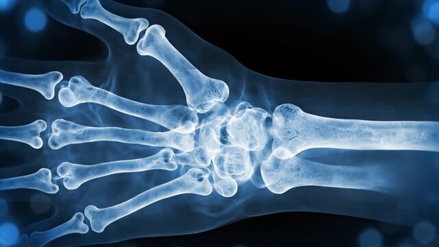 X ray of a human hand and forearm showing bones and joints on a dark background with bokeh lights