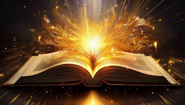 a vibrant golden light bursting forth from the open pages of a book symbolizing the transformative power of knowledge imagination and the boundless potential within