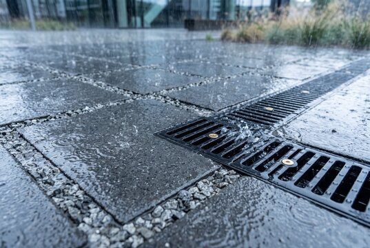 Trench drain grate collecting splashing rainwater from wet paving stones for a stormwater management system
