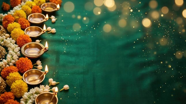 Beautiful decorative oil lamps and marigold flowers for a happy diwali indian festival celebration background with copy space
