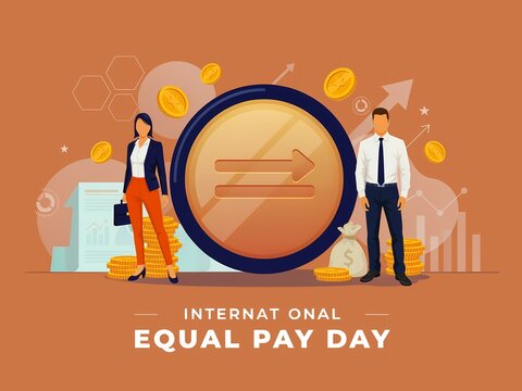 International equal pay day concept with business man and woman standing by a golden coin symbol