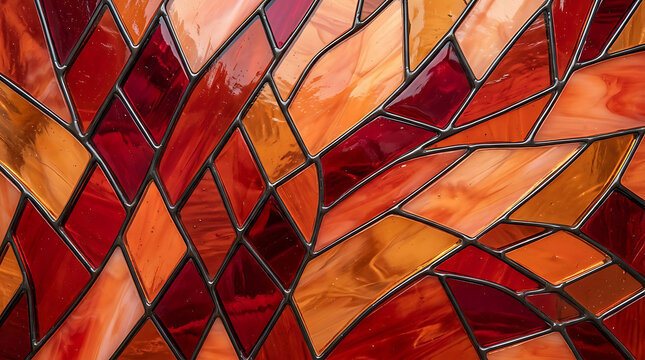 Close up red and orange stained glass abstract mosaic texture with abstract geometric background decoration reflection triangle structure