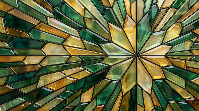 Green and yellow stained glass radial mosaic starburst pattern with abstract starburst geometric background decoration reflection structure